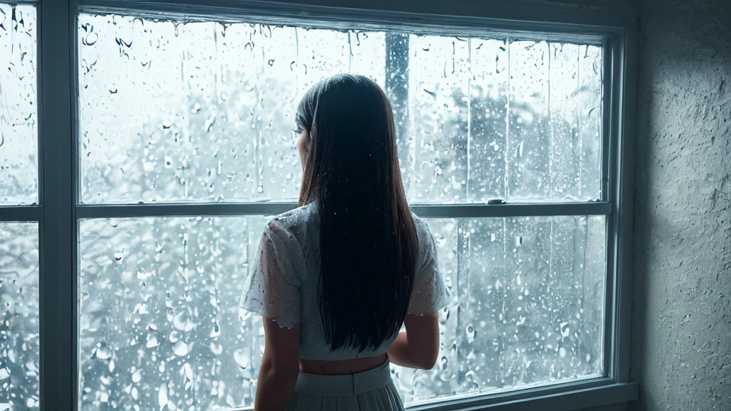 {best quality}, {very aesthetic}, {ultra-detailed}, {8k}, {Super elaborate face}, {Super-smart body},　Wet day, (A woman looking out the window indoors,Behind the scenes), An ennui atmosphere,　Super fine hair, flat chest, 1girl,　Rain outside the window,　back view,