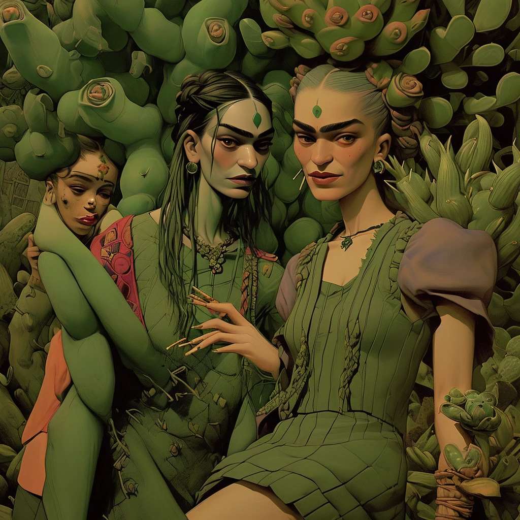 Frida Kahlo in the cactus garden drinking mezcal and smoking cigarettes with a Diabla woman who looks a lot like her, they both have many arms and look very happy to have met in the style of Remedios Varo and Leonora Carrington