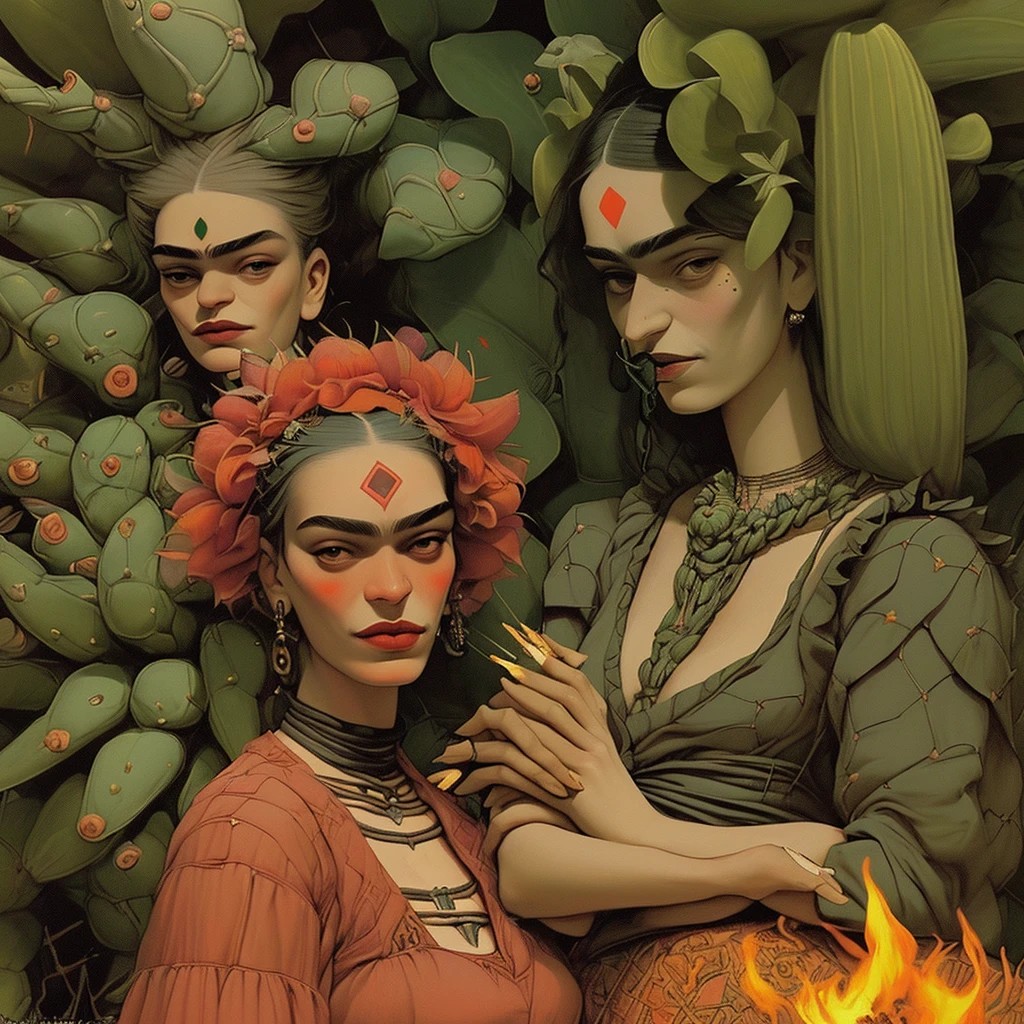 Frida Kahlo in the cactus garden drinking mezcal and smoking cigarettes with a Diabla woman who looks a lot like her, they both have many arms and look very happy to have met in the style of Remedios Varo and Leonora Carrington
