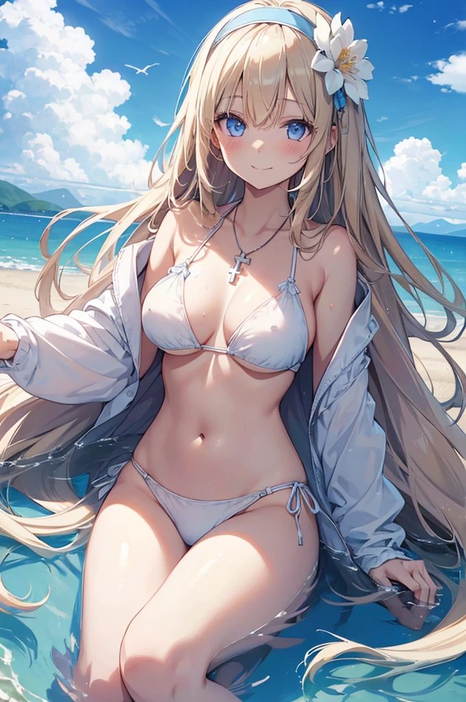 ((girl kawaii)), a extremely delicate and beautiful girl, beautifully painted, cute, sense of digital, best detailed girl, lying on the lake, wet, girl, young, long hair blown up, Hair with flower, (blond hair), cute face, (smile), complex details beautiful and delicate eyes, closed mouth, (large breasts), thighs, (pale blue eyes), (white skin), hairband, cross necklace, Bracelet, (white bikini), cardigan, white Clothes, (beach),( beautiful blue sky and white clouds), bloom effect, (((wallpaper 8k CG))), ((absurdres)), masterpiece,