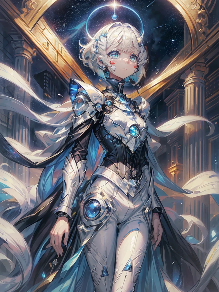 ((4K works))、​masterpiece、(top-quality)、One beautiful boy、Slim body、tall、((Black Y-shirt and white pants、Charming British knight style))、Please wear one jacket、(Detailed beautiful eyes)、Fantastic Night City、((City under the stars))、Fantastic city at midnight、((Face similar to Carly Rae Jepsen))、((Short-haired white hair))、((Smaller face))、((Neutral face))、((Bright blue eyes))、((American adult male))、((Adult male 26 years old))、((Cool Men))、((Like a celebrity))、((Crying expression))、((sad look))、((Korean Makeup))、((elongated and sharp eyes))、((Happy dating))、((boyish))、((Upper body photography))、Professional Photos、((Shot alone))、((She is looking up at the sky under the roof))、((Shot from the side))、((Crying profile))、((Face crying in pain))、((He is looking upwards))、((His eyes are looking down))、((He stands next to the viewer))、((He who cries))、I'm crying on a stick.、Man crying while standing、Solitude、saddened、desolate、suffocating、heartbreaking、auw