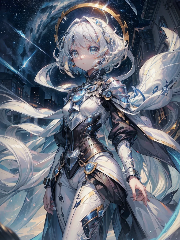 ((4K works))、masterpiece、(top-quality)、One beautiful boy、Slim body、tall、((Black Y-shirt and white pants、Charming British knight style))、Please wear one jacket、(Detailed beautiful eyes)、Fantastic Night City、((City under the stars))、Fantastic city at midnight、((Face similar to Carly Rae Jepsen))、((Short-haired white hair))、((Smaller face))、((Neutral face))、((Bright blue eyes))、((American adult male))、((Adult male 26 years old))、((Cool Men))、((Like a celebrity))、((Crying expression))、((sad look))、((Korean Makeup))、((elongated and sharp eyes))、((Happy dating))、((boyish))、((Upper body photography))、Professional Photos、((Shot alone))、((She is looking up at the sky under the roof))、((Shot from the side))、((Crying profile))、((Face crying in pain))、((He is looking upwards))、((His eyes are looking down))、((He stands next to the viewer))、((He who cries))、I'm crying on a stick.、Man crying while standing、Solitude、saddened、desolate、suffocating、heartbreaking、auw