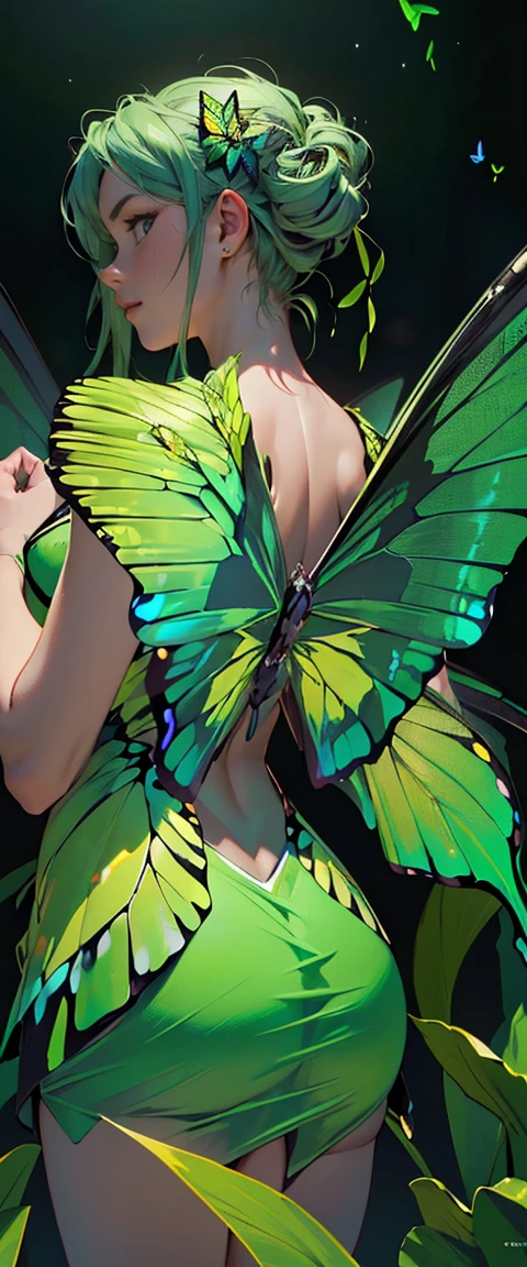 ((masterpiece, highest quality, Highest image quality, High resolution, photorealistic, Raw photo, 8K)), ((Extremely detailed CG unified 8k wallpaper)), A lone green butterfly fluttering, emerald, diamond, Huge butterfly wings from the back, (green glowing wings), green wings shining in the dark night, summer dress fluttering,