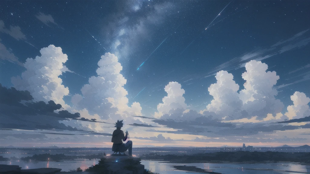 真っ暗なnight空,Octane, star (null), scenery, Blue parakeet,star, night, A girl back to back, sit,Back view,Outdoor, city,Blue parakeet,building, cloud, 天のriver,silhouette