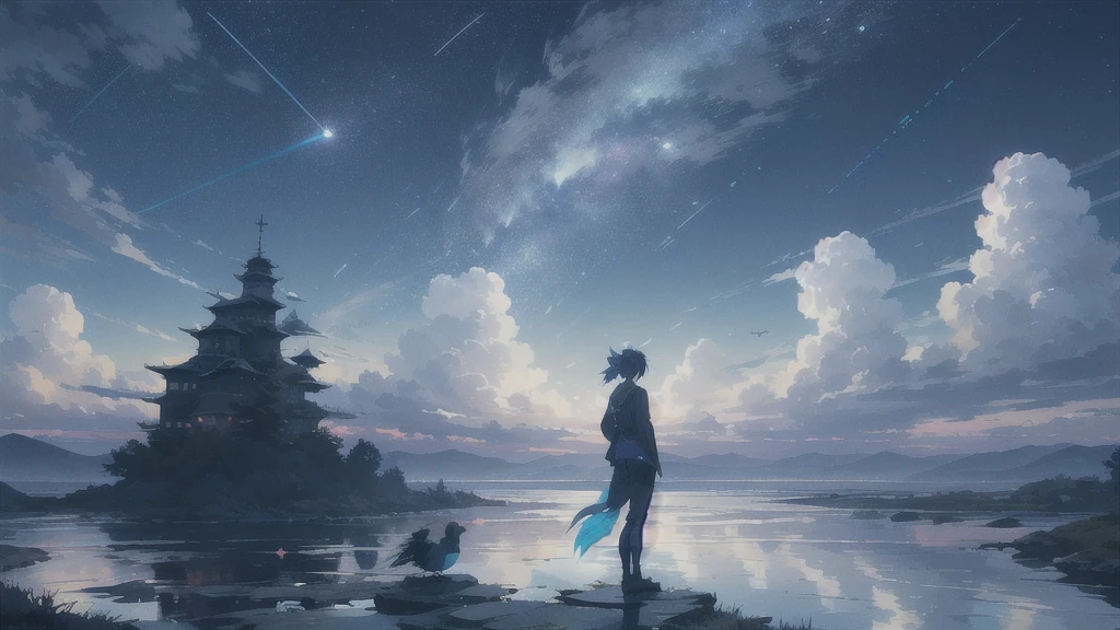 真っ暗なnight空,Octane, star (null), scenery, Blue parakeet,star, night, A girl back to back, sit,Back view,Outdoor, city,Blue parakeet,building, cloud, 天のriver,silhouette