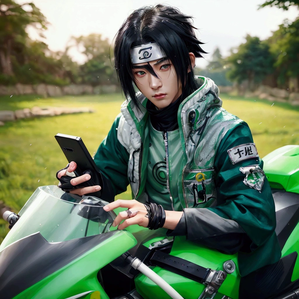 boy, sasuke uciha, naruto shippuden, black hair, handsome asian face, white skin, green gojek jacket with gojeklogo. make realistic photos (detailed face), (detailed hair), (detailed clothes), like a real human photography. ((Ultra-realistic)), ((high resulution)), ((masterpiece))