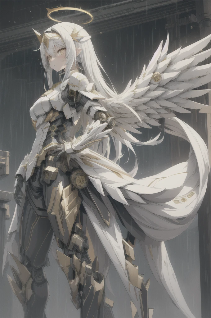 highres, highest quallity, 1girl, (adult:1.2), solo, solo_focus, straight hair, white_hair, golden_eyes, long_hair, mechanical parts, black_theme, dark aura, glowing_eyes, night, ancient japanese architecture, night, starry sky,skyline, neon, cyberpunk, effects, headgear, rain, halo, looking at viewer, mechanical wings, big_wings, space, a levitating girl, white_cape, white_theme, white_coat,