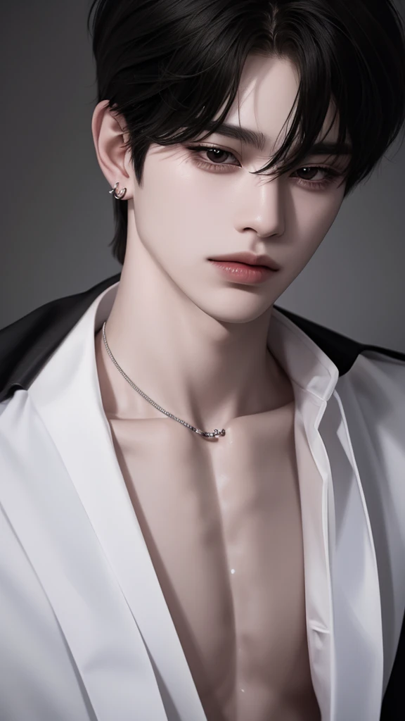 man, handsome, korean bad boy, ultra-detailed,hyper details,cinematic light, solo,stand,white studio,black-and-white-filter,closeup,front,looking at viewer from front,manhwa-style,unbutton-shirt,tattoo in chest,black-hair,messy-bangs,emo-haircut,model,pose,piercing,cross-necklace,smile-teeth.