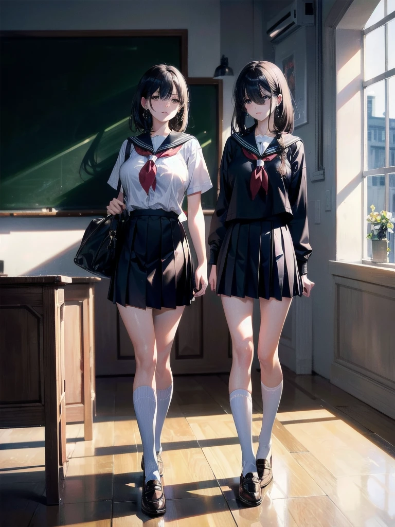 absurdres, RAW photo, extremely delicate and beautiful, masterpiece, Best Quality, ultra high resolution, 32k, hyperrealistic, ultra-detailed, delicate facial features, tearful mole, earring, very huge round breasts, medium hair, asymmetrical hair, full body shot, indoor, short skirt, (school_uniform:1.2),