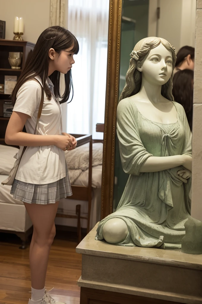 A high school girl worries when looking in the mirror、3rd person perspective、The girl and the person inside the statue look the same