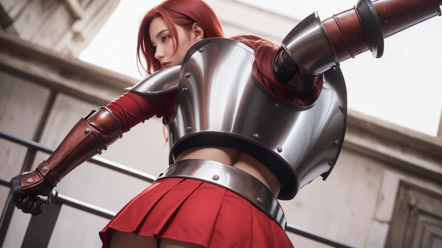 Cara Delevingne, ((A red-haired warrior, from behind, wearing a skirt corta en su trasero, showing her butt, Shot from below, Use plate armor, Steel Gauntlets, steel gloves and steel cuirass, looking back, wearing a skirt)), very detailed skirt, (she doesn't wear underwear, skirt showing big stuffed, naughty, round ass, showing pussy, smooth showing pussy from below, (skirt up), wind lifting skirt, sexy possession), medieval fantasy, d&d, role playing game, Masterpiece, Best Quality, 8k, ultra realistic. The most desired girl in the world has transcendental beauty, with expressive eyes, light green eyes, arched eyebrows, sensual lips and radiant skin. His facial structure is symmetrically perfect., with delicately sculpted cheekbones and a refined chin.