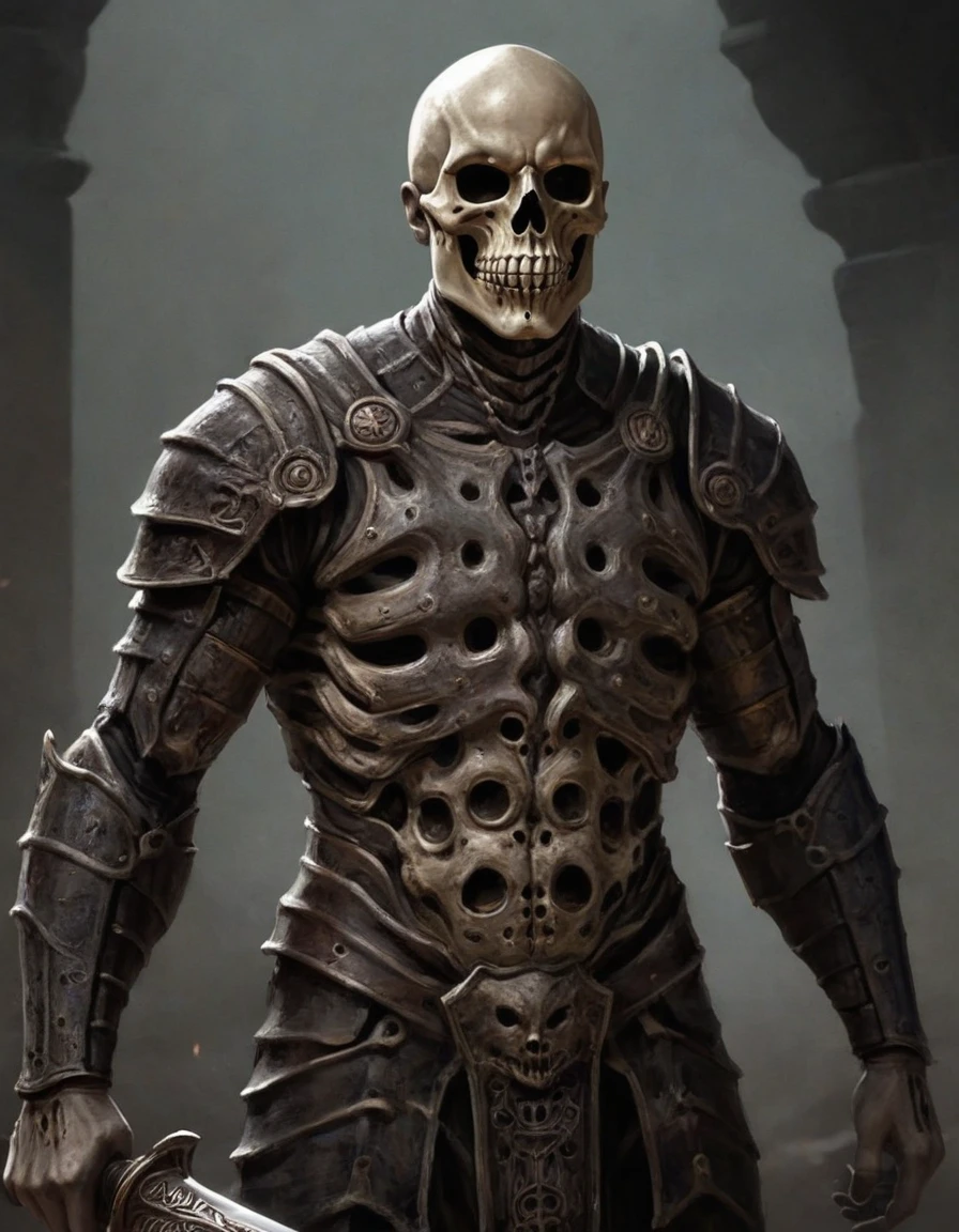 A movie concept featuring a skeletal warrior,Inspired by the dark and gritty aesthetics of movies like "300" and "Gladiator," with a touch of fantasy and horror elements reminiscent of Guillermo del Toro's work.A highly detailed digital illustration or painting portraying the skeletal warrior with meticulous attention to anatomical accuracy and battle-worn details. Detail the whole body, Savage Mask, Greatsword on back,  [ MD, The image should evoke a sense of dread and awe in the viewer,capturing the warrior's imposing presence and formidable aura. 