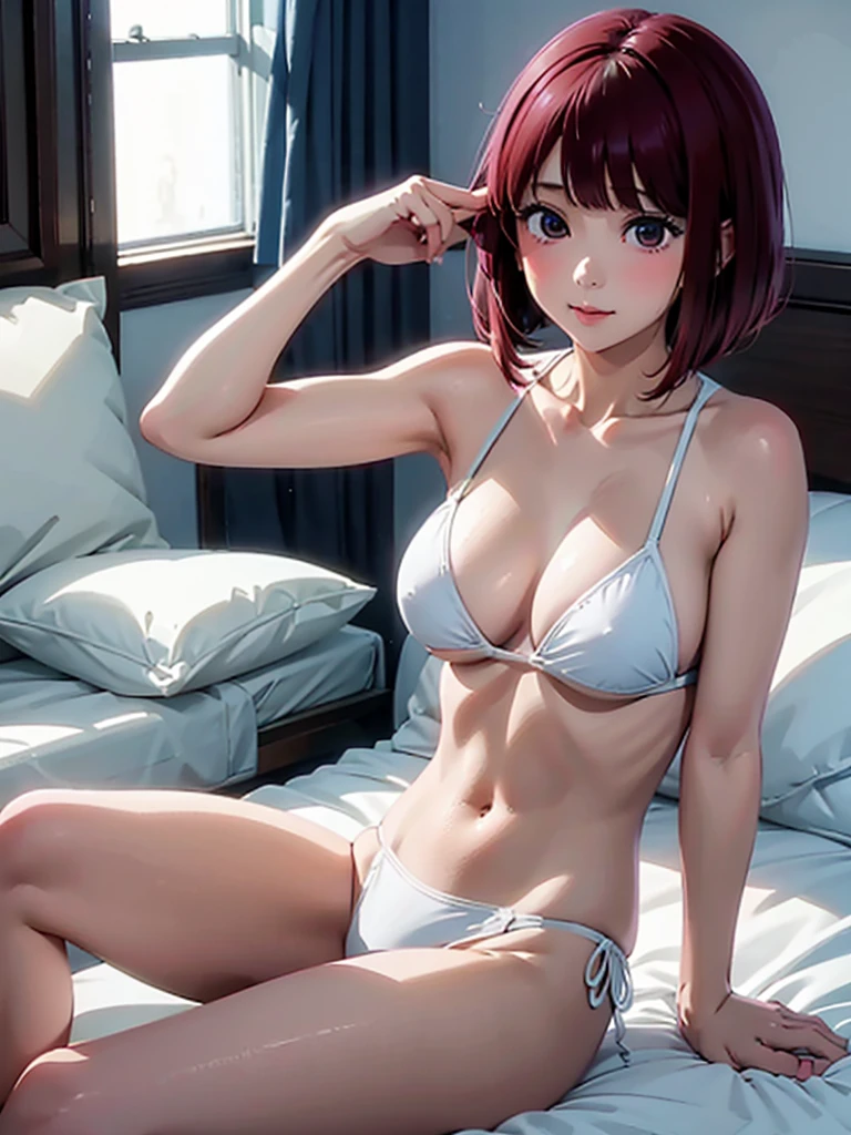 Arima kana,white bikini,sleep position,Bed room,on the bed,cute girl,Big tits