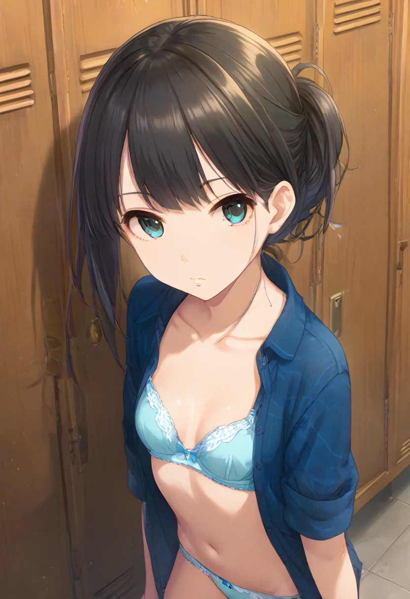 (((masterpiece) (((((Highest quality))))((high resolution))))), Very detailed, Ultra-realistic, )、、locker room、Open shirt、Blue Bra、blue panties、Black Hair、Small breasts、、Change of clothes、((Expressionless))、From above.stand、Look away.Long Hair