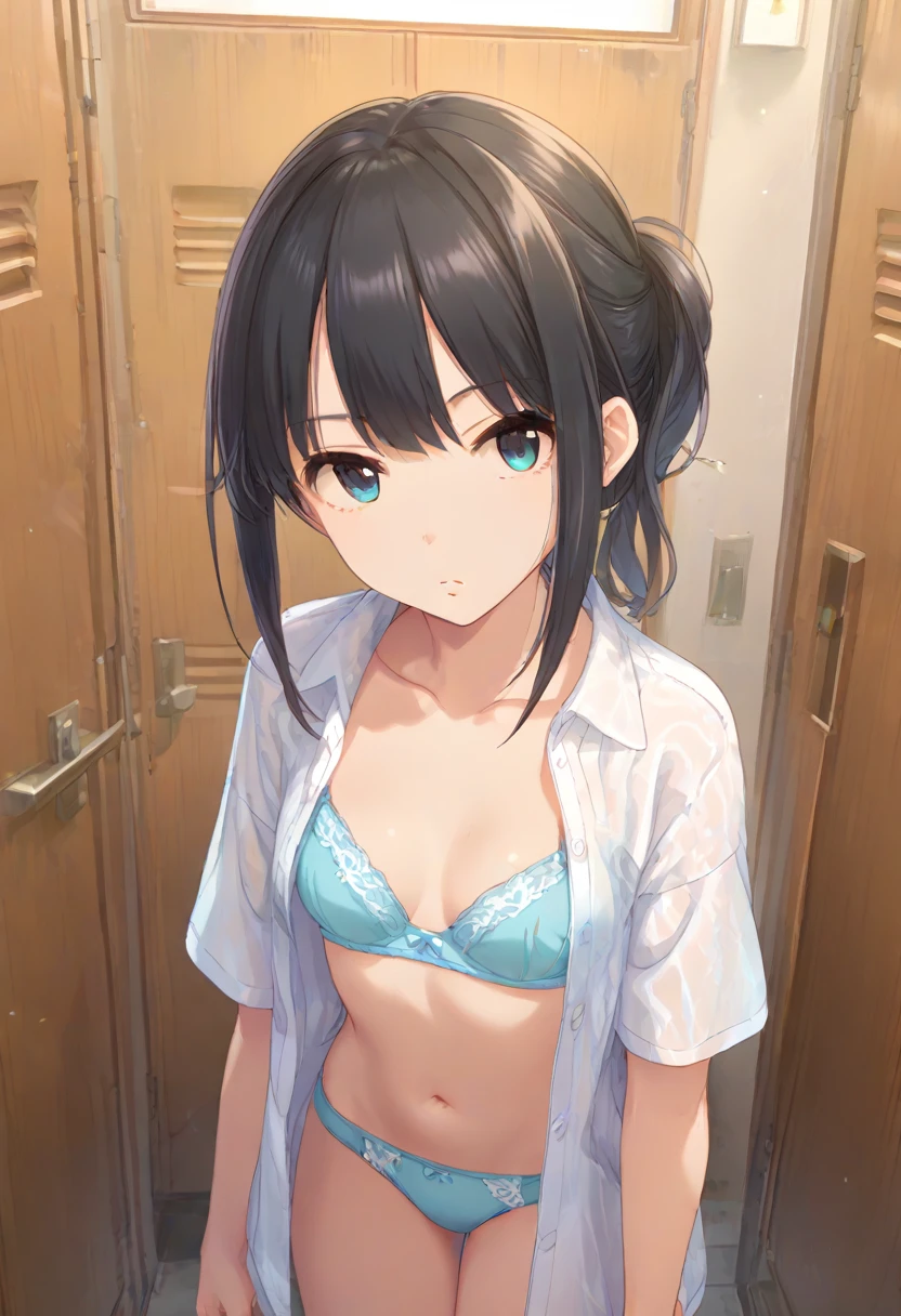 (((masterpiece) (((((Highest quality))))((high resolution))))), Very detailed, Ultra-realistic, )、、locker room、Open shirt、Blue Bra、blue panties、Black Hair、Small breasts、、Change of clothes、((Expressionless))、From above.stand、Look away.Long Hair