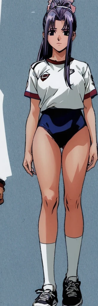 Momoko Koigakubo, a tall girl with beautiful legs, is standing with a smile on her face in a white gym uniform and light navy blue bloomers that look like panties.。