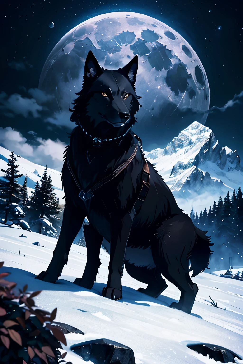 Black Wolf。High resolution、High resolution、8k、The background is the mountains and the moon。Masterpiece 2: