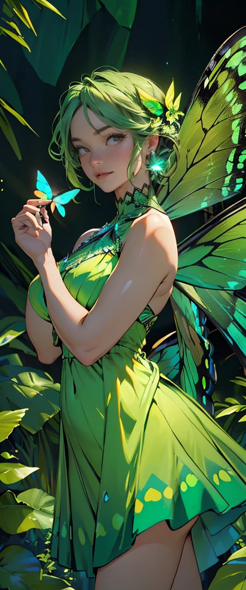 ((masterpiece, highest quality, Highest image quality, High resolution, photorealistic, Raw photo, 8K)), ((Extremely detailed CG unified 8k wallpaper)), A lone green butterfly fluttering, emerald, diamond, Huge butterfly wings from the back, (green glowing wings), green wings shining in the dark night, summer dress fluttering,