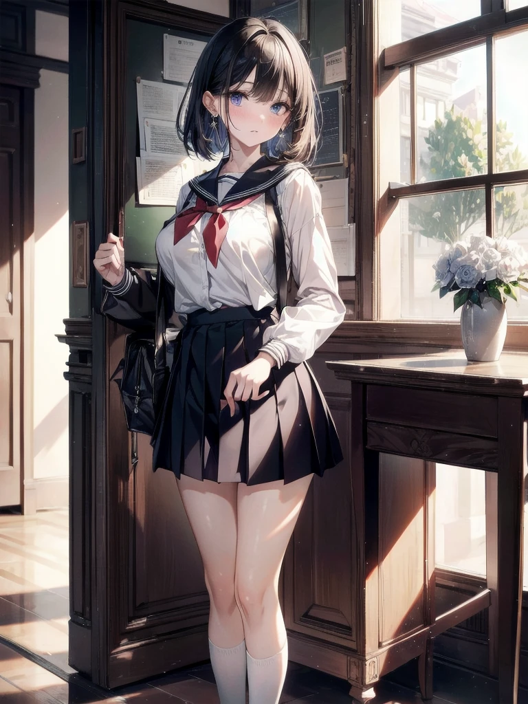 absurdres, RAW photo, extremely delicate and beautiful, masterpiece, Best Quality, ultra high resolution, 32k, hyperrealistic, ultra-detailed, delicate facial features, tearful mole, earring, very huge round breasts, medium hair, asymmetrical hair, full body shot, indoor, short skirt, (school_uniform:1.2),