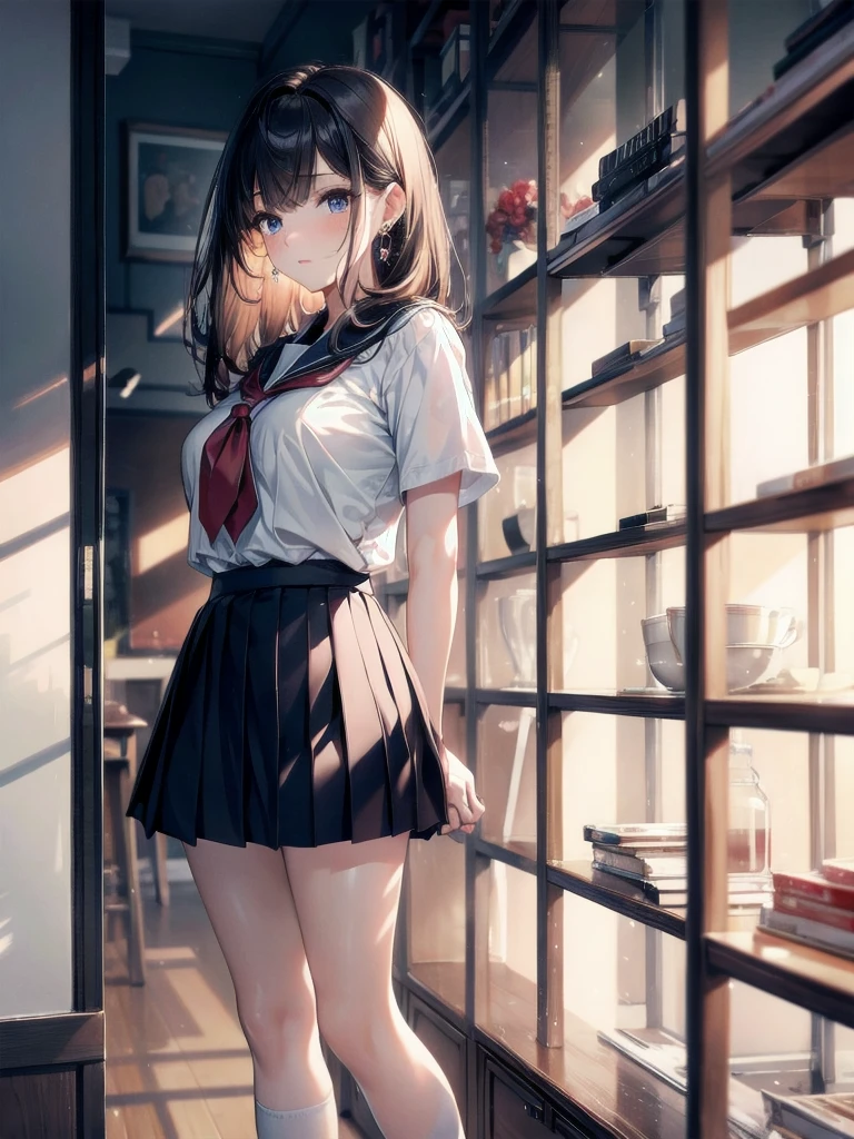 absurdres, RAW photo, extremely delicate and beautiful, masterpiece, Best Quality, ultra high resolution, 32k, hyperrealistic, ultra-detailed, delicate facial features, tearful mole, earring, very huge round breasts, medium hair, asymmetrical hair, full body shot, indoor, short skirt, (school_uniform:1.2),