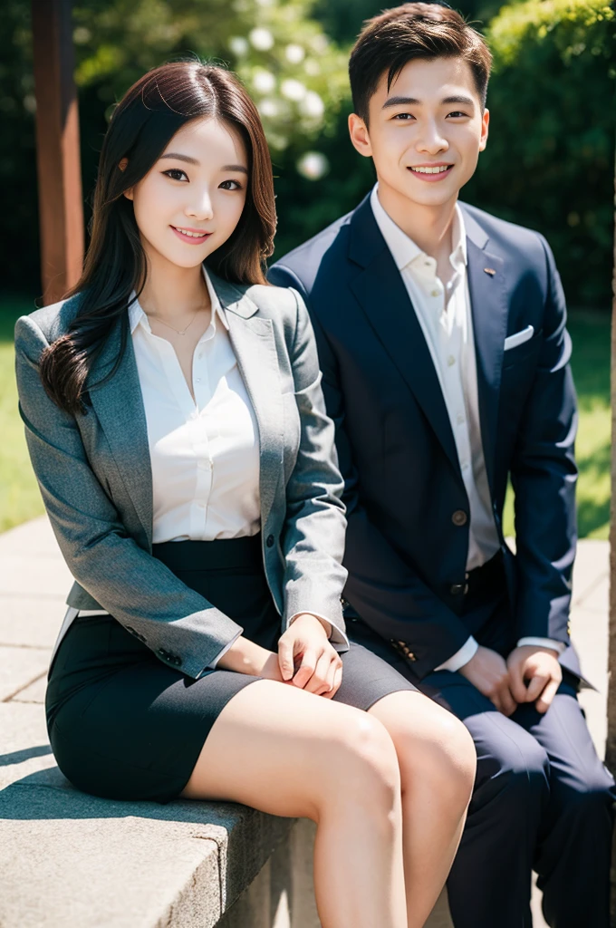 Pure Japanese young girl, outstanding body, beautiful legs, wearing traditional business suits, high heels, vivid makeup and lips, thick eyebrows, formal black hair styles, sweet smile, professional portrait photography, sitting, summer sunlight,