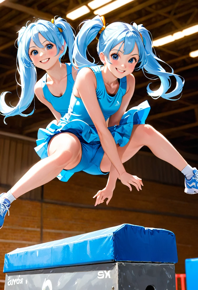 A beautiful girl with long light blue hair and twin tails, Wear gym clothes, Jumping on a vaulting box. Bright smile