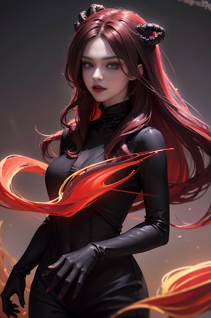 (skindentation:1.5), Realistic, Photorealistic, (masterpiece:1.5), concept art, intricate details, highly detailed, photorealistic, octane render, 8k, unreal engine, dynamic pose, best quality, highres, (realistic face:1.1), (hyperrealistic:1.1), (((full_body))), perfect eyes,(shiny skin:1.2), (((hairstyle))), (((perfect handtremely detailed background), ((dynamic background)), ((1girl)), (((wearing black jumpsuit, dark red long wizard cape))), ((detailed eyes, high quality eyes, high quality face)), (extremely intricate cape), red long hair, dramatic, depth of field, bokeh, 4k, (((underworld))), ((floating in the air)), (((black magic witch))), (((fierce eyes))), heavy eye makeup