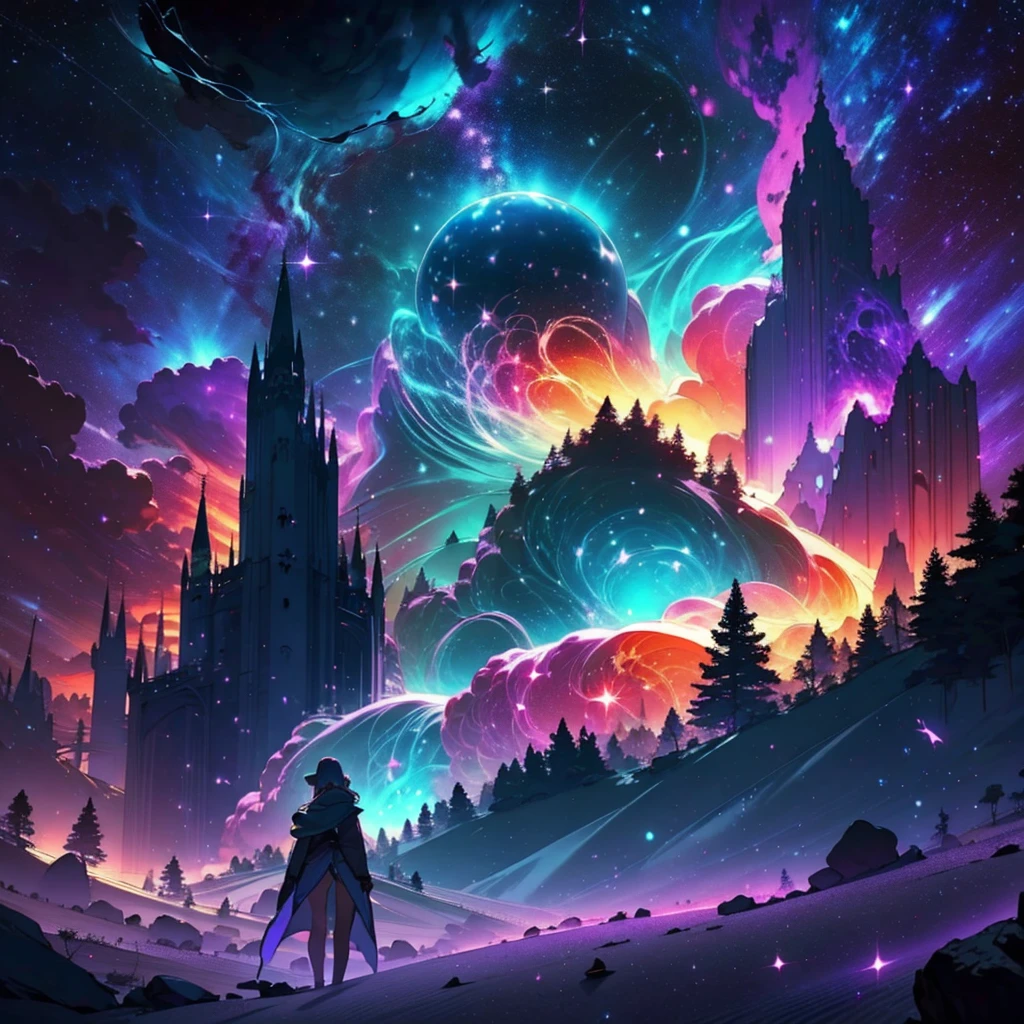 The image should evoke an atmosphere of mystery and magic. Include elements such as mysterious shadows, a dark and vibrant color palette, and touches of fantasy, like mystical beams of light and glowing effects. Imagine an enchanted forest or an ancient castle.