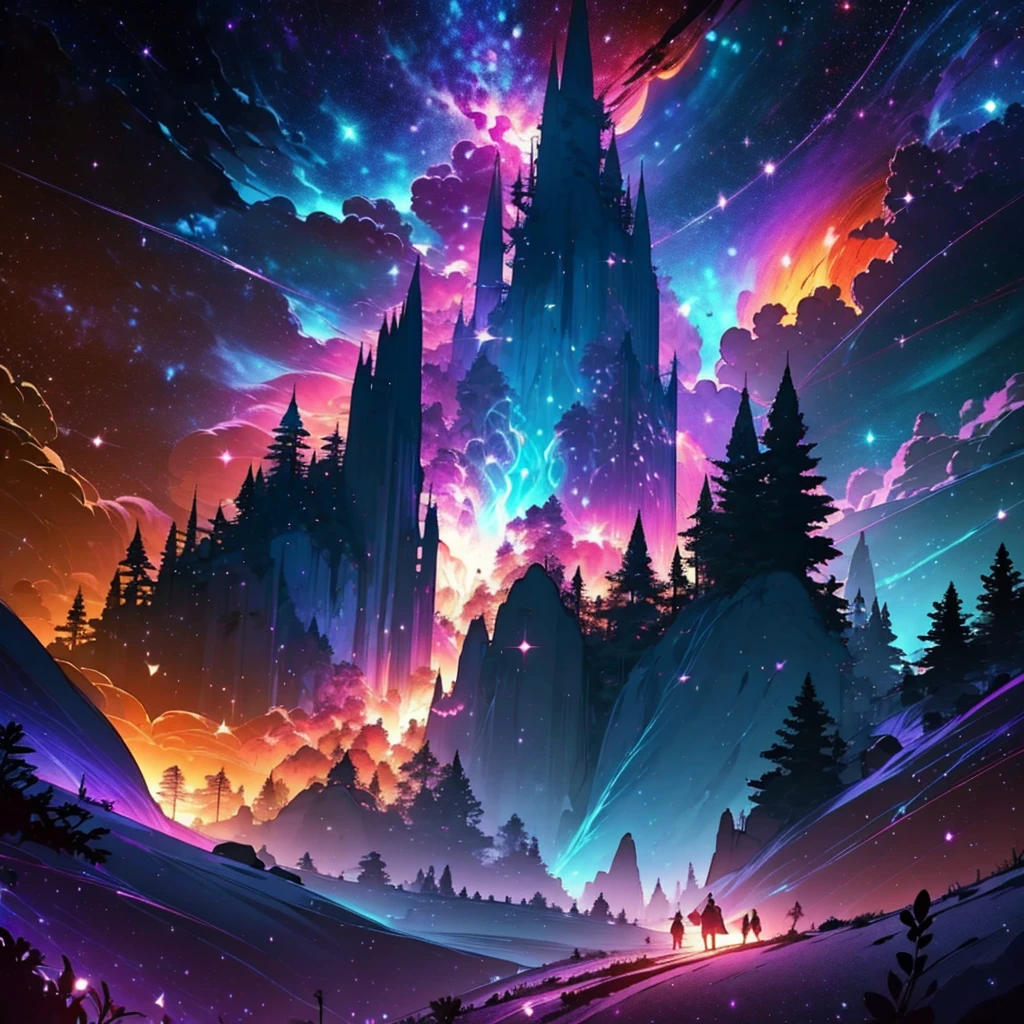 The image should evoke an atmosphere of mystery and magic. Include elements such as mysterious shadows, a dark and vibrant color palette, and touches of fantasy, like mystical beams of light and glowing effects. Imagine an enchanted forest or an ancient castle.
