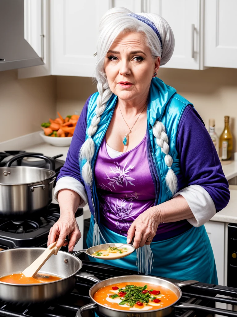 Mature woman aged 35 who looks like Frozen rapper style cooking 