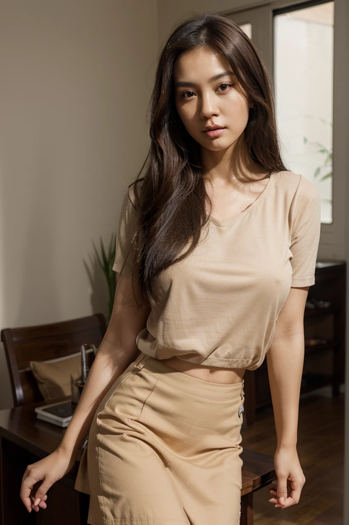 a shot of a beautiful sexy 28 year old asian woman, Dark brown hair, straight hair, clear skin, made up, Brown eyes, big tits, with casual blouse and casual skirt, at home, natural lighting and shadows, hyperrealistic, detailed.