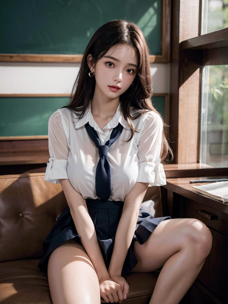 absurdres, RAW photo, extremely delicate and beautiful, masterpiece, Best Quality, ultra high resolution, 32k, hyperrealistic, ultra-detailed, delicate facial features, tearful mole, earring, very huge round breasts, medium hair, asymmetrical hair, (full body shot:1.2), indoor, short skirt, (school_uniform:1.2), bare legs,