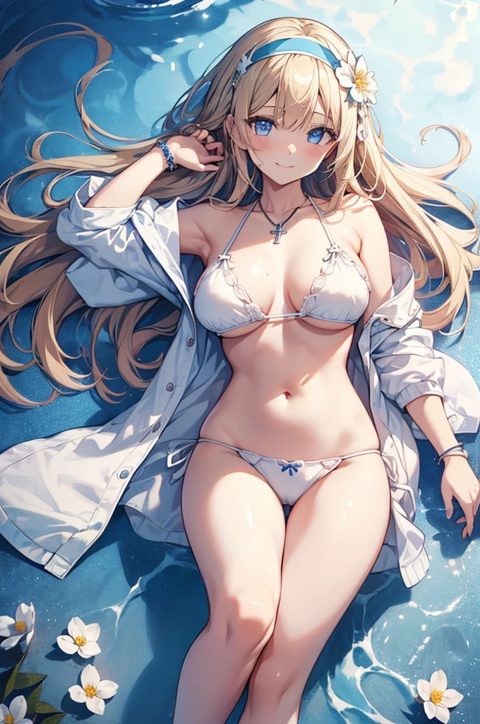 ((girl kawaii)), a extremely delicate and beautiful girl, beautifully painted, cute, sense of digital, best detailed girl, lying on the lake, wet, girl, young, long hair blown up, Hair with flower, (blond hair), cute face, (smile), complex details beautiful and delicate eyes, closed mouth, (large breasts), thighs, (pale blue eyes), (white skin), hairband, cross necklace, Bracelet, (white bikini), cardigan, white Clothes, (beach),( beautiful blue sky and white clouds), bloom effect, (((wallpaper 8k CG))), ((absurdres)), masterpiece,
