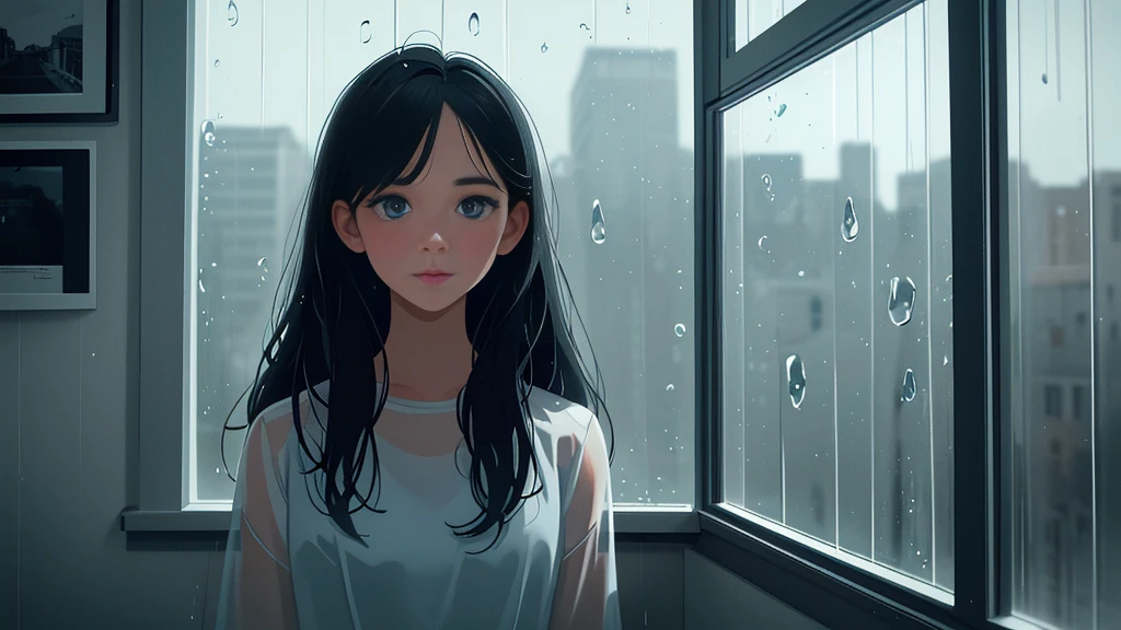 {best quality}, {very aesthetic}, {ultra-detailed}, {8k}, {Super elaborate face}, {Super-smart body},　Wet day, (A woman looking out the window indoors,Behind the scenes), An ennui atmosphere,　Super fine hair, flat chest, 1girl,　Rain outside the window,　back view,