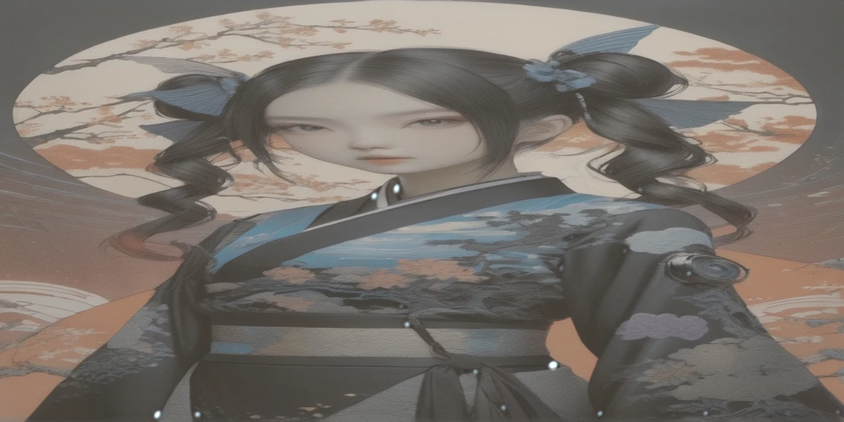 Twin tails, Aesthetic harmony of dark colors, Gothic Cyberpunk, A miraculous fusion with Ukiyo-e, Creating a fantastical view of the universe with a holographic transparent coating, BREAK Professional spray work, Detailed and intricate texture, Detailed and intricate brushwork, Detailed and clear depiction, Anatomically correct, Absurd aesthetics, BREAK Highest quality, Highest Resolution, Octane Rendering, super retina vision, 