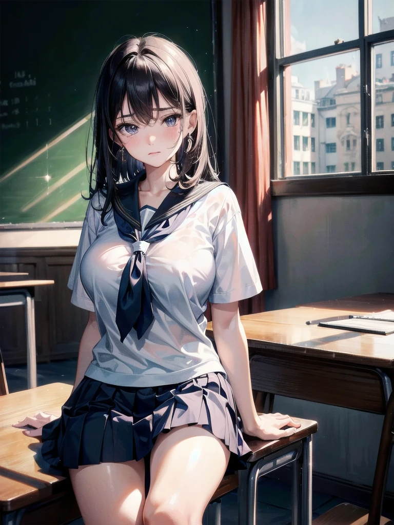 absurdres, RAW photo, extremely delicate and beautiful, masterpiece, Best Quality, ultra high resolution, 32k, hyperrealistic, ultra-detailed, delicate facial features, tearful mole, earring, very huge round breasts, medium hair, asymmetrical hair, whole body shot, indoor, short skirt, (school_uniform:1.2),