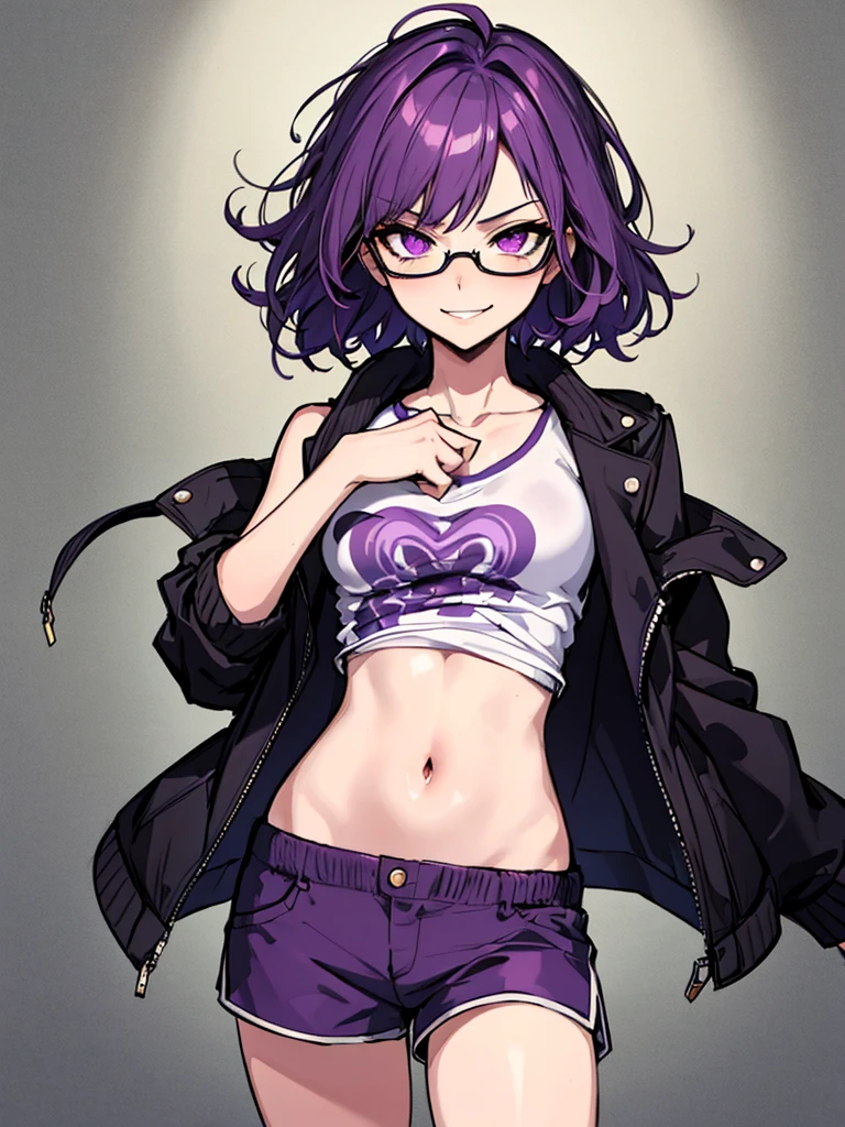 (masterpiece), best quality, expressive eyes, highres, best anatomy, cowboy shot, half body, 1girl, perfect face, perfect hands, female, short hair, messy hair, wavy hair, purple hair, side bang, purple eyes, fair skin, medium chest, slight smirk, purple glasses, purple shorts, 1girl, solo, jacket, graphic t-shirt