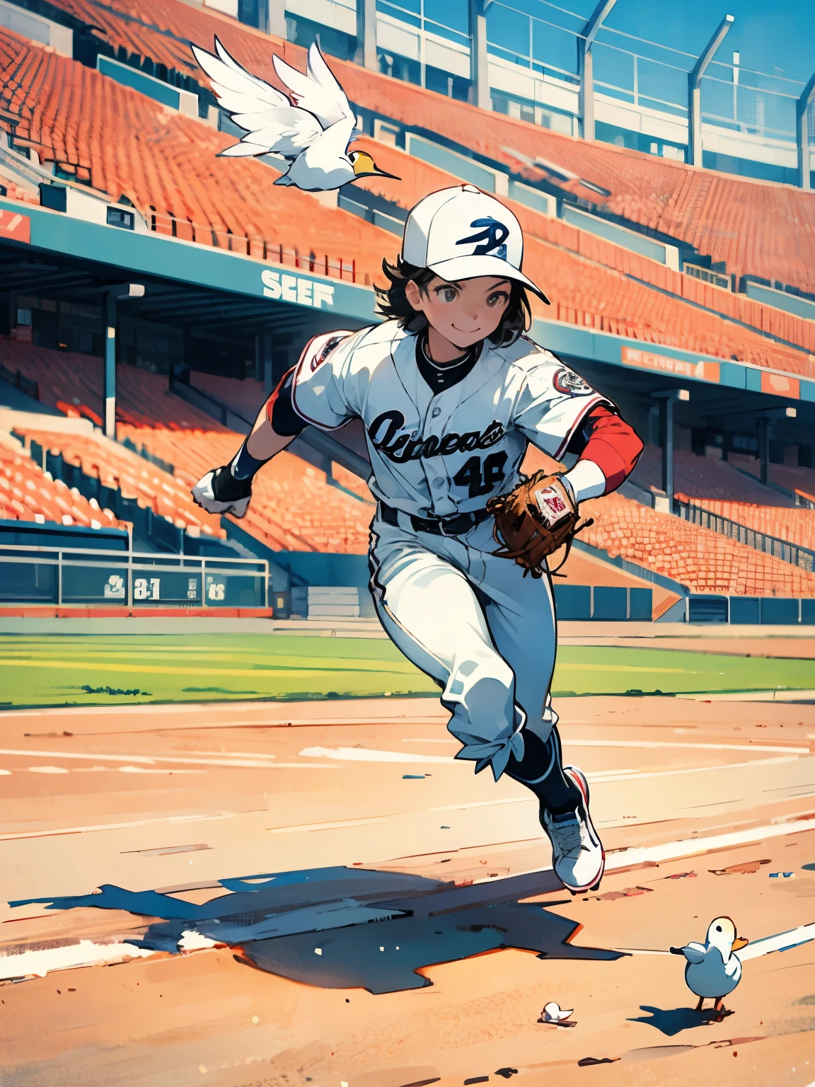 white duck(bird),upperbody,Girl baseball player, smile, baseball cap, baseball player's clothes, spiked shoes,baseball stadium,Baseball diamond,slim,running,