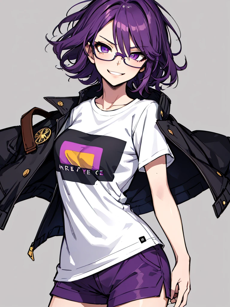 (masterpiece), best quality, expressive eyes, highres, best anatomy, cowboy shot, half body, 1girl, perfect face, perfect hands, female, short hair, messy hair, wavy hair, purple hair, side bang, purple eyes, fair skin, medium chest, slight smirk, purple glasses, purple shorts, 1girl, solo, jacket, graphic t-shirt