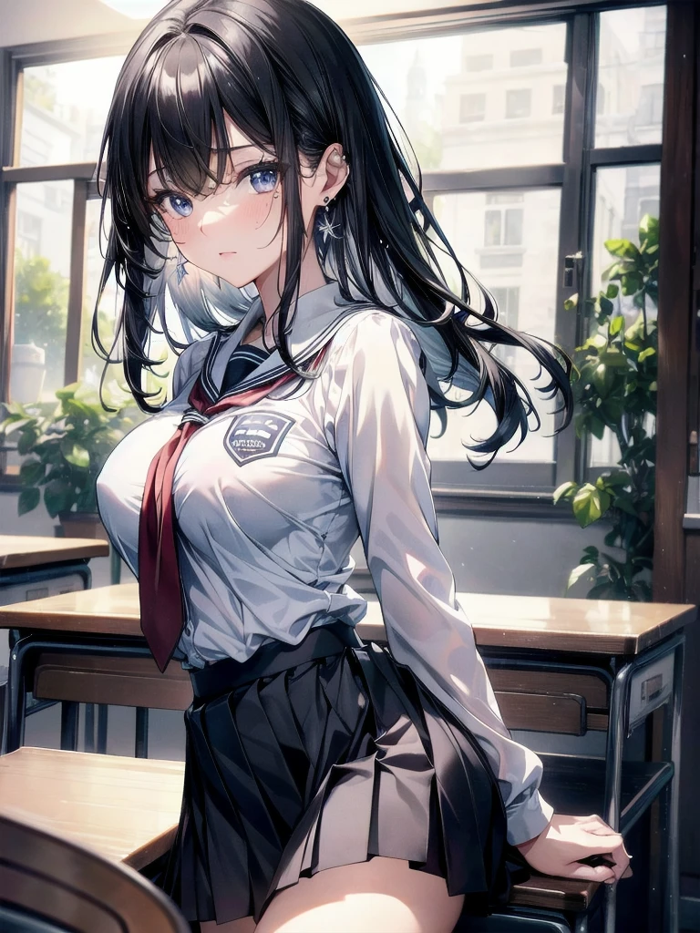 absurdres, RAW photo, extremely delicate and beautiful, masterpiece, Best Quality, ultra high resolution, 32k, hyperrealistic, ultra-detailed, delicate facial features, tearful mole, earring, very huge round breasts, medium hair, asymmetrical hair, whole body shot, indoor, short skirt, (school_uniform:1.2)