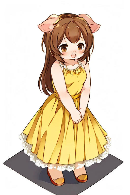 little pig, long brown hair, yellow dress, gentle 