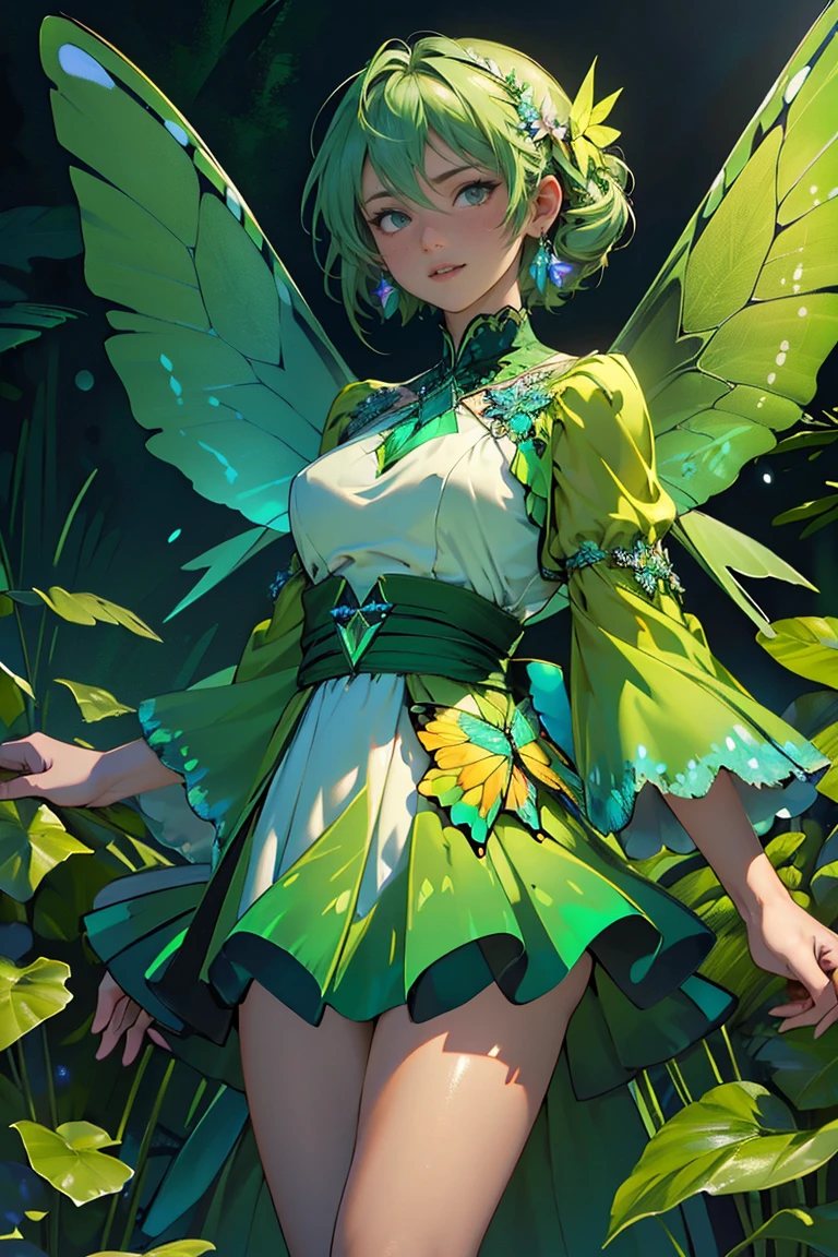 ((masterpiece, highest quality, Highest image quality, High resolution, photorealistic, Raw photo, 8K)), ((Extremely detailed CG unified 8k wallpaper)), A lone green butterfly fluttering, emerald, diamond, (green glowing wings), green wings shining in the dark night, summer dress fluttering,