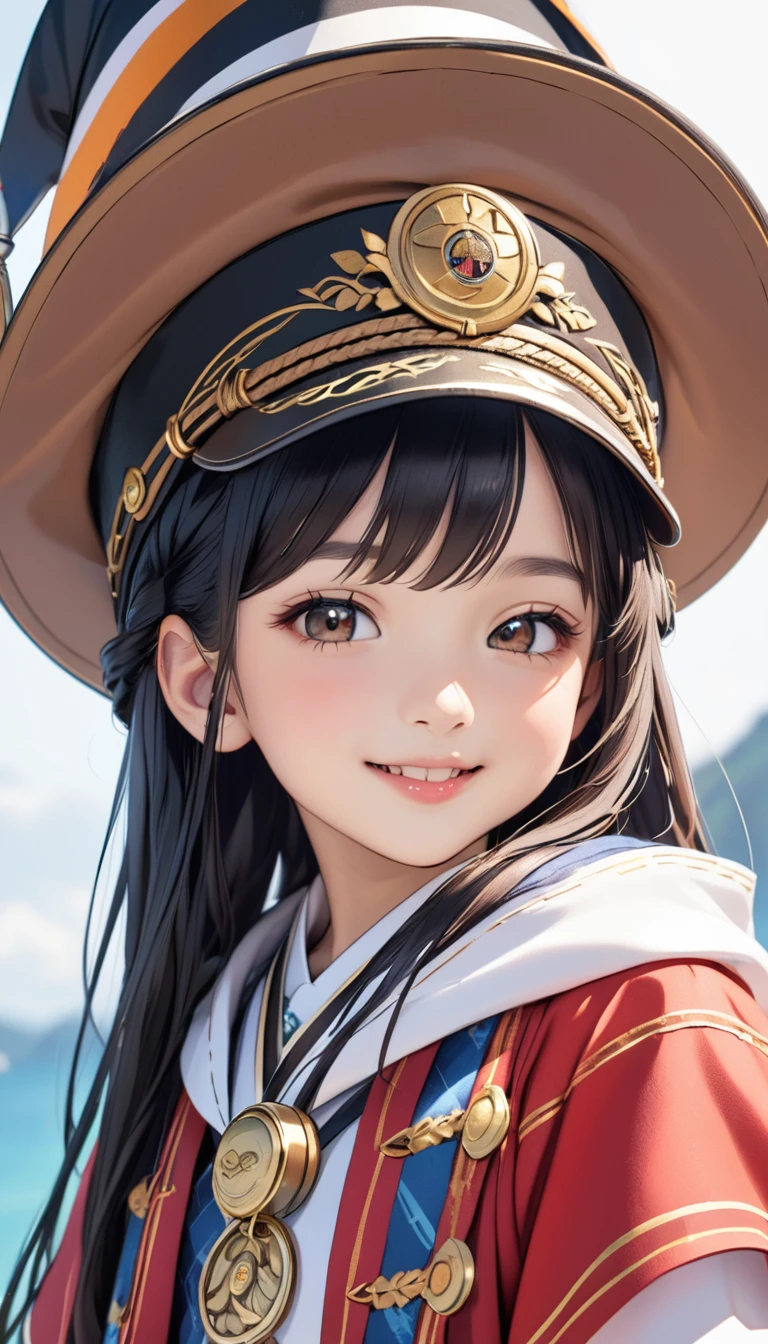 8 year old black haired girl,Elevation,Close-up smiling face'Eyes wearing silver-white mirrored lens sunglasses、I looked at the world reflected in the lenses of my sunglasses...(Side Pony,Colorful Hair),