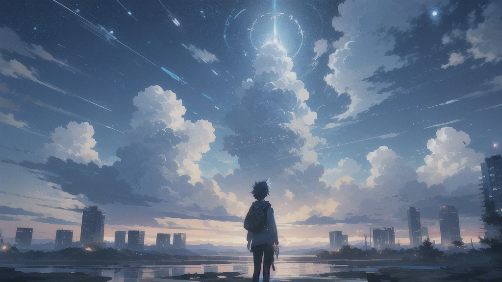 真っ暗なnight空,Octane, star (null), scenery, Blue parakeet,star, night, A girl back to back, sit,Back view,Outdoor, city,Blue parakeet,building, cloud, 天のriver,silhouette