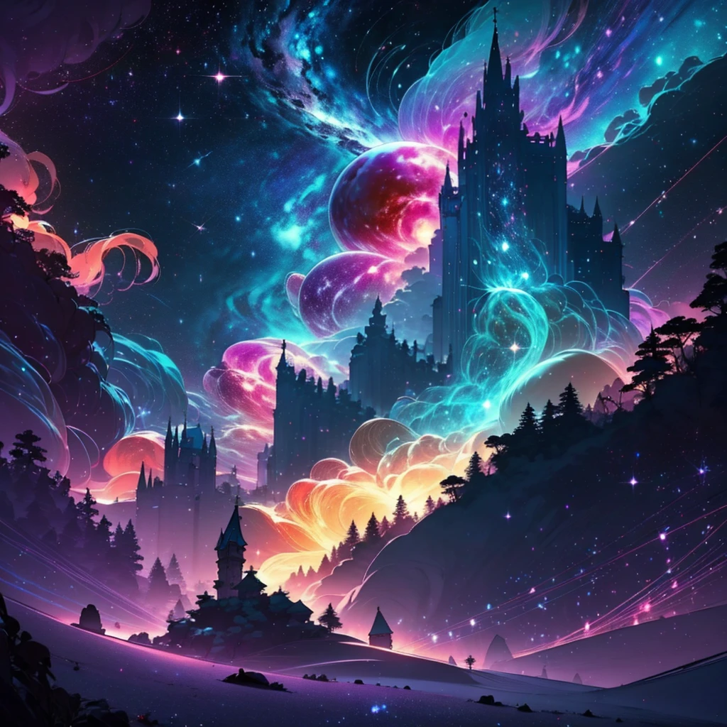 The image should evoke an atmosphere of mystery and magic. Include elements such as mysterious shadows, a dark and vibrant color palette, and touches of fantasy, like mystical beams of light. Imagine an enchanted forest or an ancient castle under a dim light.