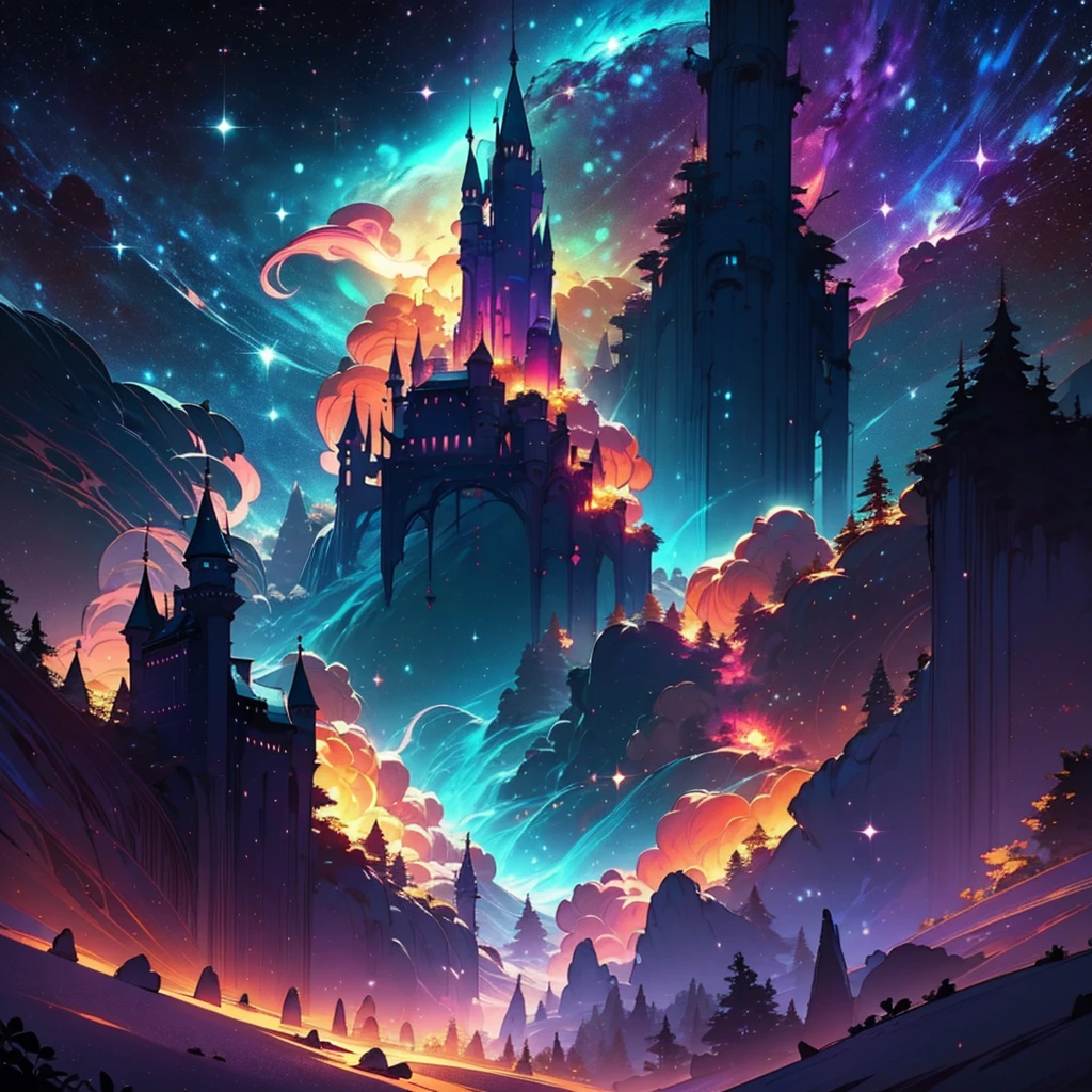 The image should evoke an atmosphere of mystery and magic. Include elements such as mysterious shadows, a dark and vibrant color palette, and touches of fantasy, like mystical beams of light. Imagine an enchanted forest or an ancient castle under a dim light.