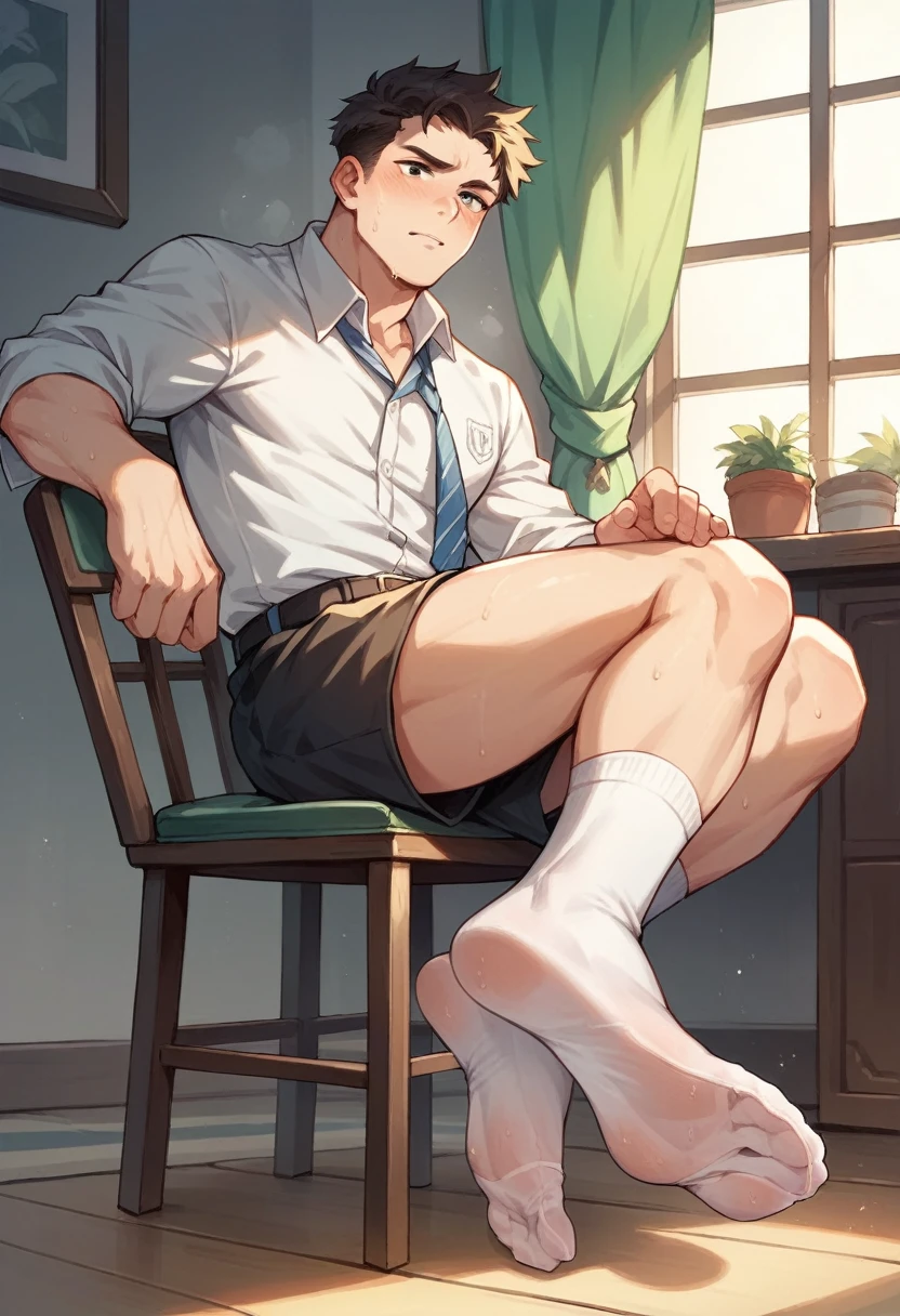 Boy showing the soles of his feet while scrunching his sweaty soles in white socks sitting on chair