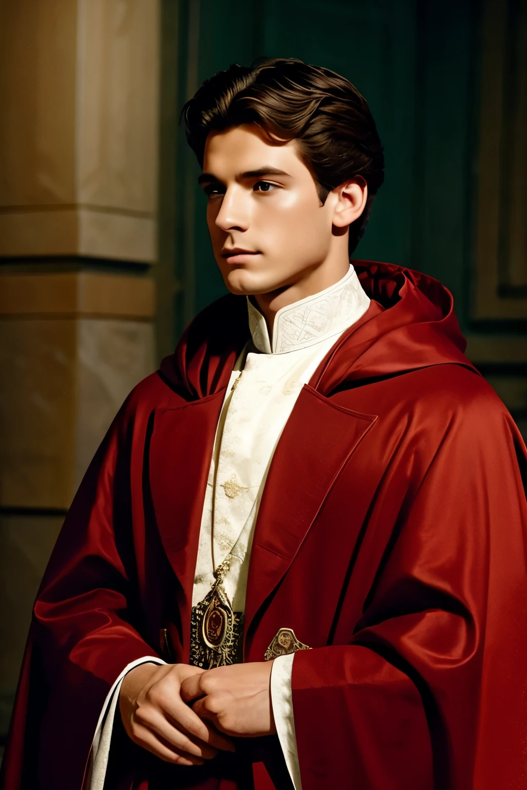 young white prince brown hair wearing a red cloak 