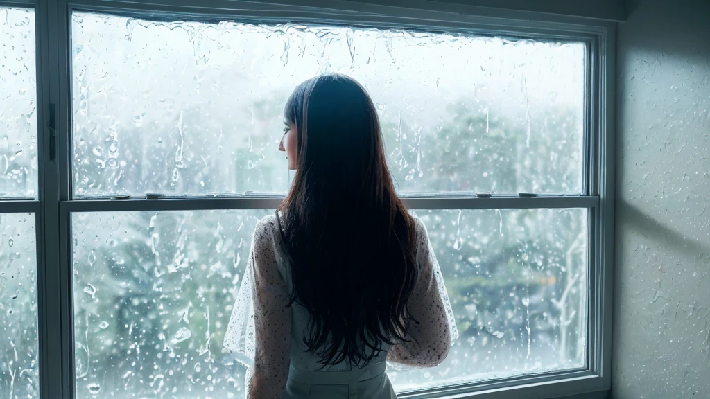 {best quality}, {very aesthetic}, {ultra-detailed}, {8k}, {Super elaborate face}, {Super-smart body},　Wet day, (A woman looking out the window indoors,Behind the scenes), An ennui atmosphere,　Super fine hair, flat chest, 1girl,　Rain outside the window,　back view,