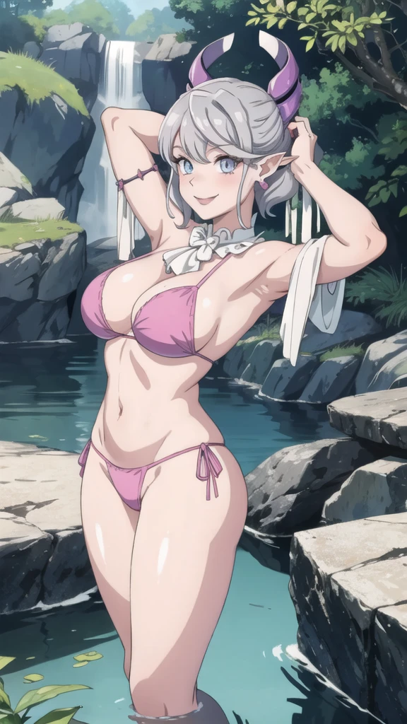 Waterfalls High level image quality best image quality 8K adult woman background a lake in the middle of jungle outside more colors whole body view portrait wearing dark pink bikini white horn ears short hair((shortcut)(gray hair)(perm)(fluffy)) eye color is blue , , attractive evil face , smile , sexy pose , labrynth , barearm , both arms over head , wearing pink , one leg on rock , standing ,
